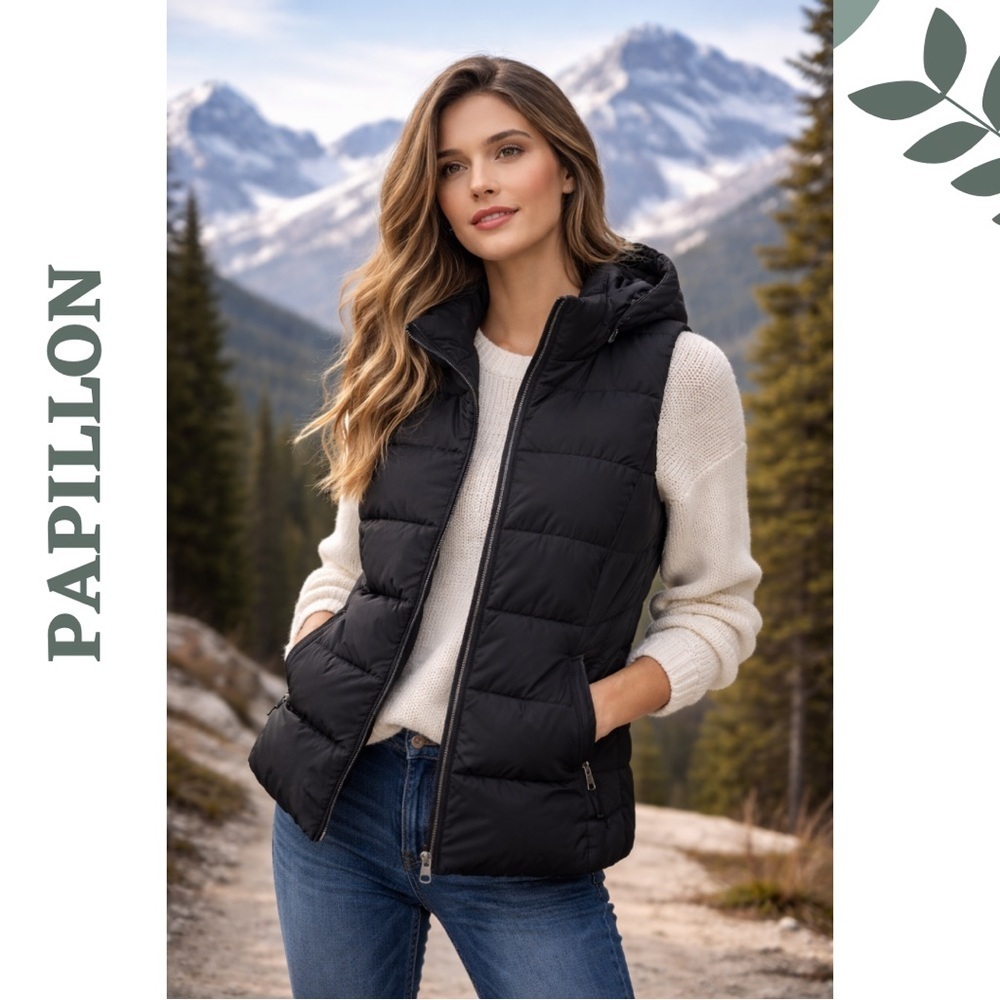 Papillon Black Puffer Vest Removable Hood Small NWT